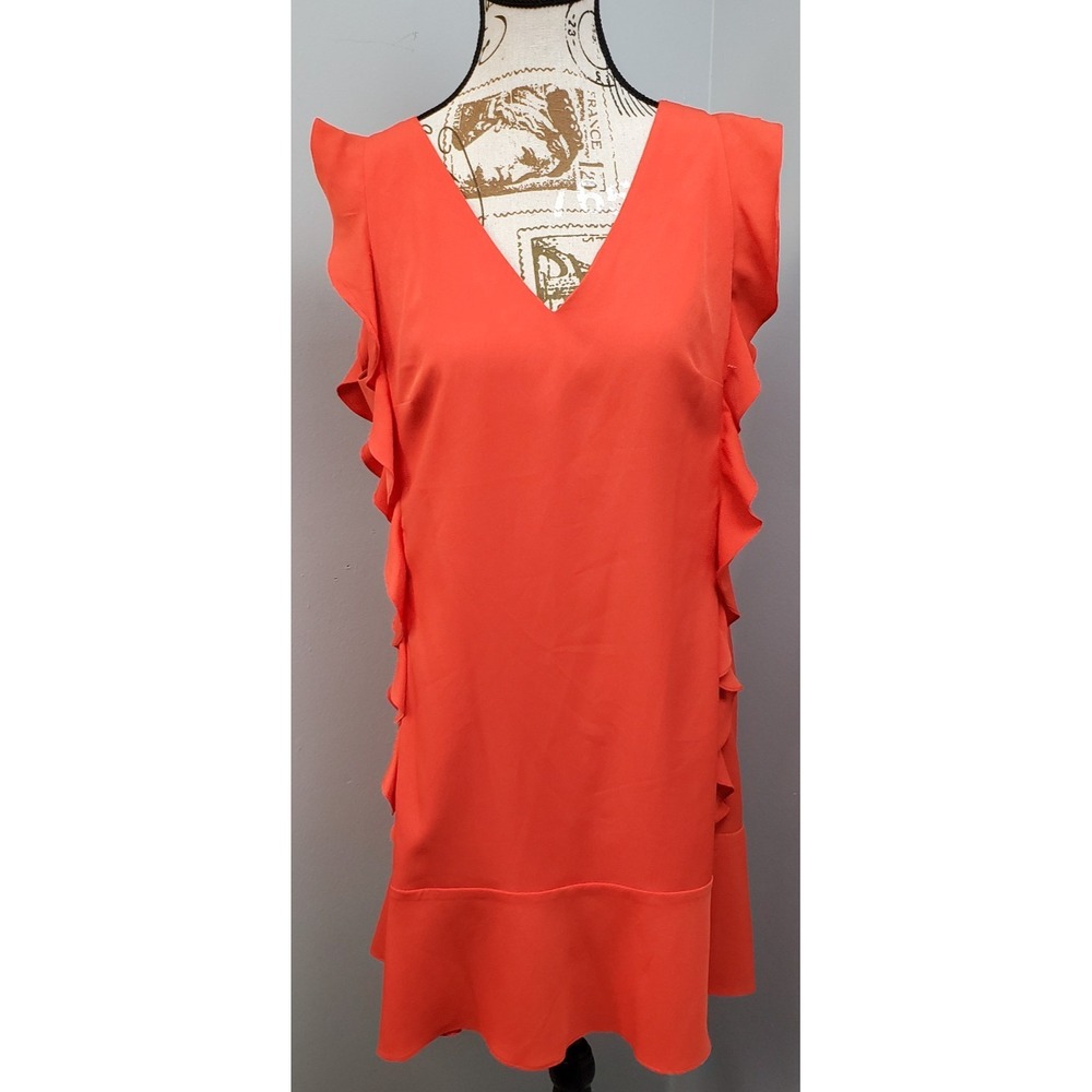 CeCe Cocktail Party Dress Womens 8 Red Ruffle Trim Sleeveless V-Neck Back Button